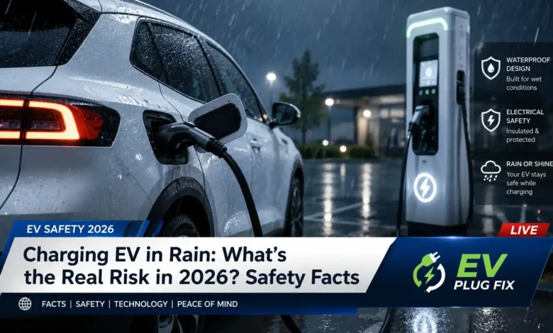 Electric vehicle charging safely in the rain 2026 showcasing waterproof EV charger connection
