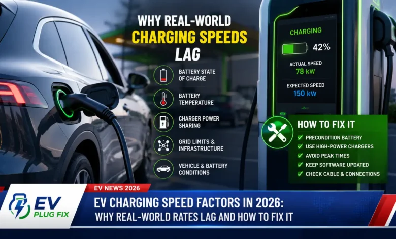 Factors affecting EV charging speed infographic 2026 showing battery temperature and state of charge impact