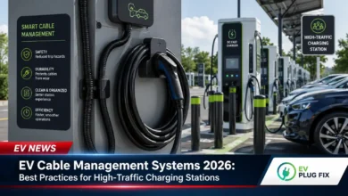 High-traffic EV charging station with organized retractable cable management system at busy commercial site