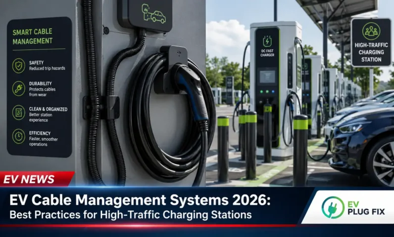 High-traffic EV charging station with organized retractable cable management system at busy commercial site