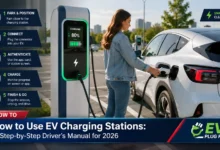 Modern electric vehicle connected to a public EV charging station in a city setting