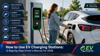 Modern electric vehicle connected to a public EV charging station in a city setting