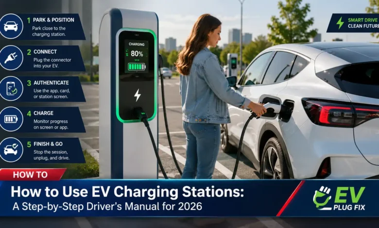 Modern electric vehicle connected to a public EV charging station in a city setting