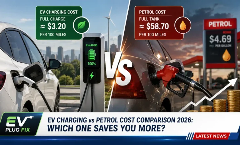EV charging station versus petrol pump cost comparison 2026 showing price differences
