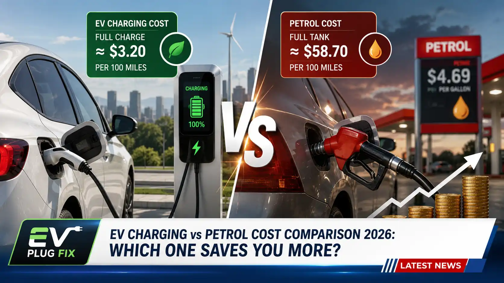 EV charging station versus petrol pump cost comparison 2026 showing price differences
