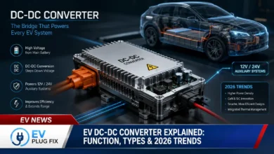 Modern EV DC-DC converter unit mounted in electric vehicle engine bay showing high-voltage connections and cooling system integration