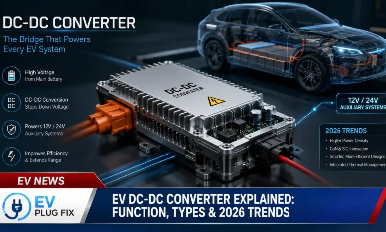 Modern EV DC-DC converter unit mounted in electric vehicle engine bay showing high-voltage connections and cooling system integration