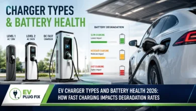 Modern electric vehicle plugged into a DC fast charger at a public charging station in 2026