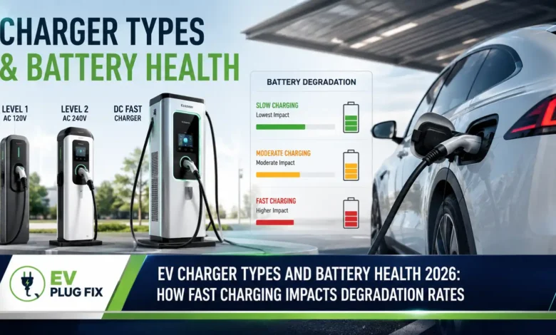 Modern electric vehicle plugged into a DC fast charger at a public charging station in 2026