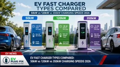 Modern EV fast charger types displayed side by side showing different power output stations 50kW 120kW and 350kW