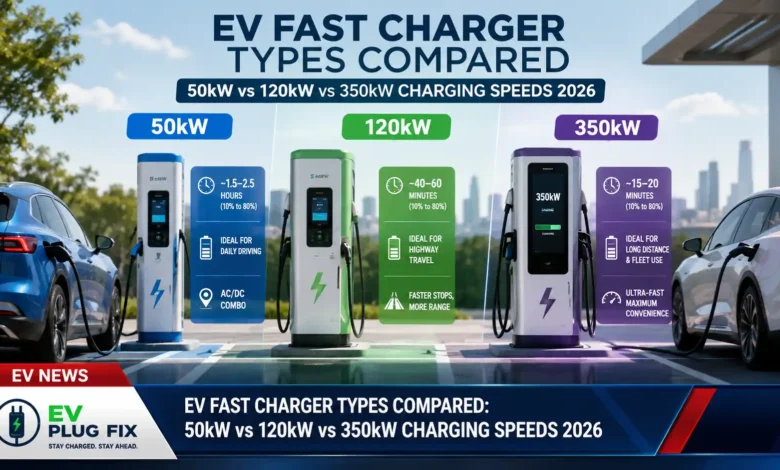 Modern EV fast charger types displayed side by side showing different power output stations 50kW 120kW and 350kW
