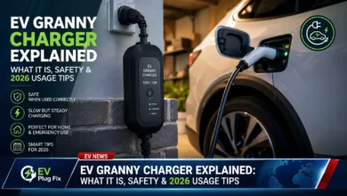 Portable EV Granny Charger cable with UK three-pin plug and Type 2 connector for electric car charging in 2026