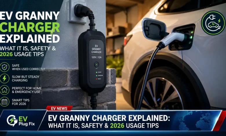 Portable EV Granny Charger cable with UK three-pin plug and Type 2 connector for electric car charging in 2026