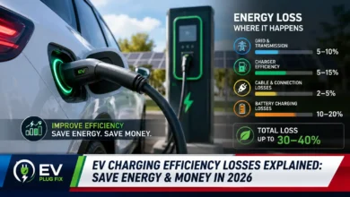 Modern electric vehicle plugged into a Level 2 home charging station with energy flow visualization