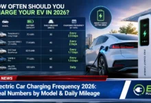 Modern electric vehicle plugged into a home Level 2 charging station in a residential garage, showing daily EV charging routine
