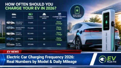 Modern electric vehicle plugged into a home Level 2 charging station in a residential garage, showing daily EV charging routine
