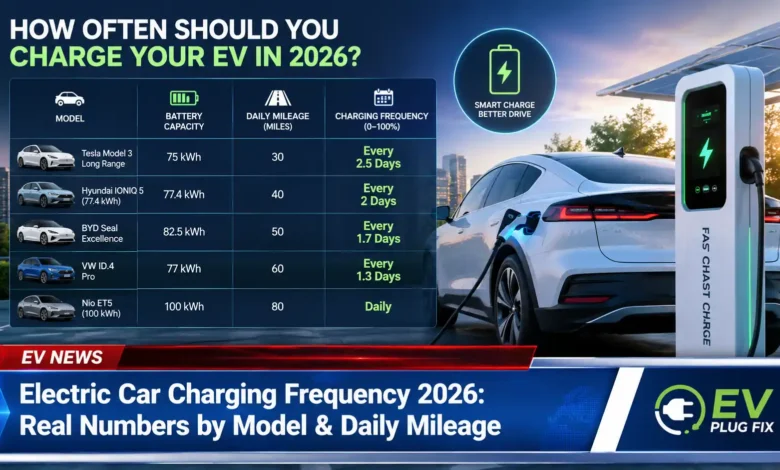 Modern electric vehicle plugged into a home Level 2 charging station in a residential garage, showing daily EV charging routine