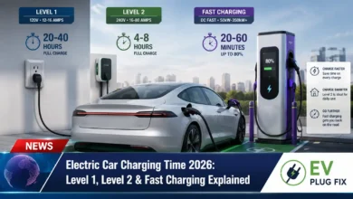 Modern electric car plugged into a Level 2 home charging station in a garage 2026