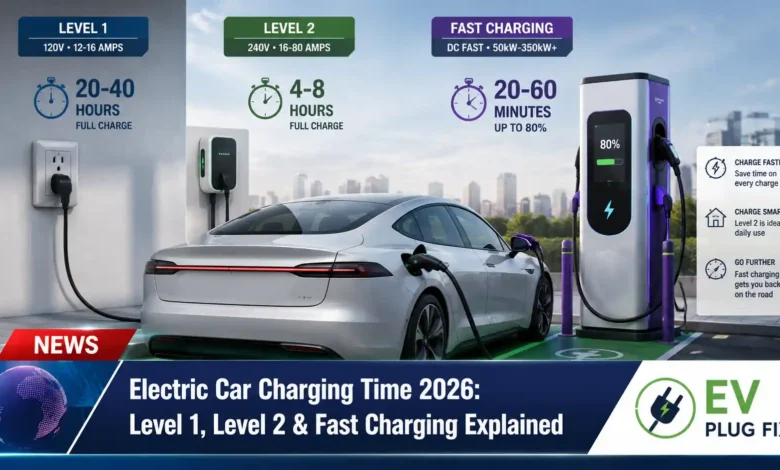 Modern electric car plugged into a Level 2 home charging station in a garage 2026