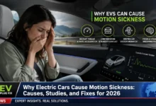 Passenger experiencing motion sickness while riding in an electric vehicle on a winding road in 2026