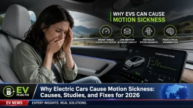 Passenger experiencing motion sickness while riding in an electric vehicle on a winding road in 2026