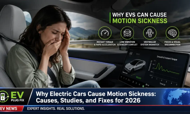 Passenger experiencing motion sickness while riding in an electric vehicle on a winding road in 2026
