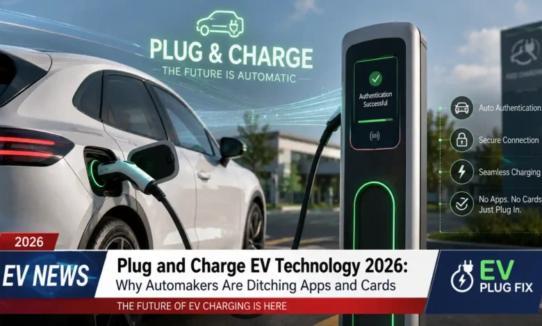 Electric vehicle connected to a public charging station with Plug and Charge technology indicator on the screen