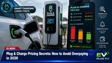 EV driver using smartphone app to compare Plug and Charge pricing plans at a public charging station