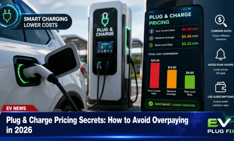 EV driver using smartphone app to compare Plug and Charge pricing plans at a public charging station