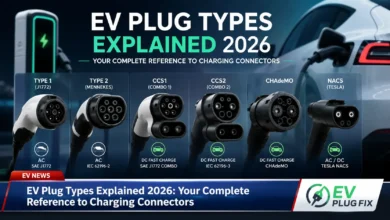 Close up of different EV plug types including J1772, CCS, and NACS connectors arranged on a white background