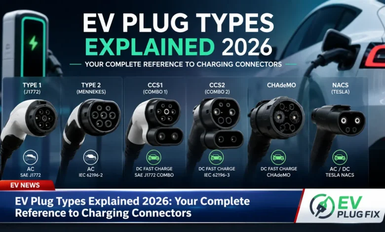 Close up of different EV plug types including J1772, CCS, and NACS connectors arranged on a white background