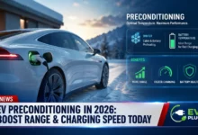 EV preconditioning system warming a parked electric vehicle battery and cabin for optimal winter performance in 2026