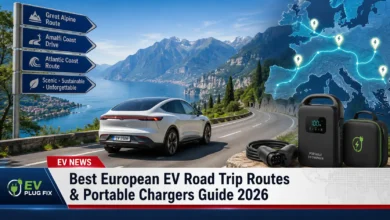 Modern electric vehicle charging at a scenic viewpoint in the European Alps during summer road trip 2026