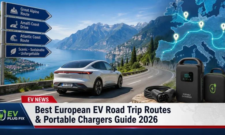 Modern electric vehicle charging at a scenic viewpoint in the European Alps during summer road trip 2026