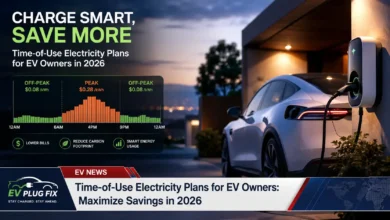 Modern electric vehicle plugged into a smart Level 2 charger at home during off-peak nighttime hours for maximum Time-of-Use electricity savings