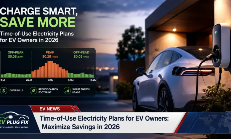 Modern electric vehicle plugged into a smart Level 2 charger at home during off-peak nighttime hours for maximum Time-of-Use electricity savings