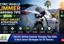 Electric vehicle charging under summer sun with temperature gauge showing optimal battery temperature range for efficient summer charging 2026