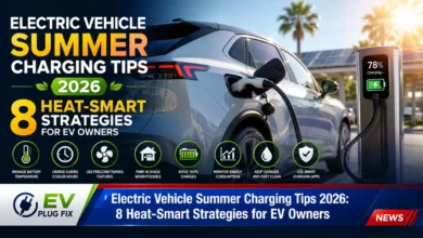 Electric vehicle charging under summer sun with temperature gauge showing optimal battery temperature range for efficient summer charging 2026
