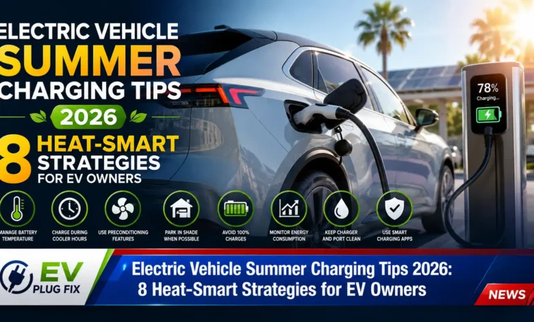 Electric vehicle charging under summer sun with temperature gauge showing optimal battery temperature range for efficient summer charging 2026