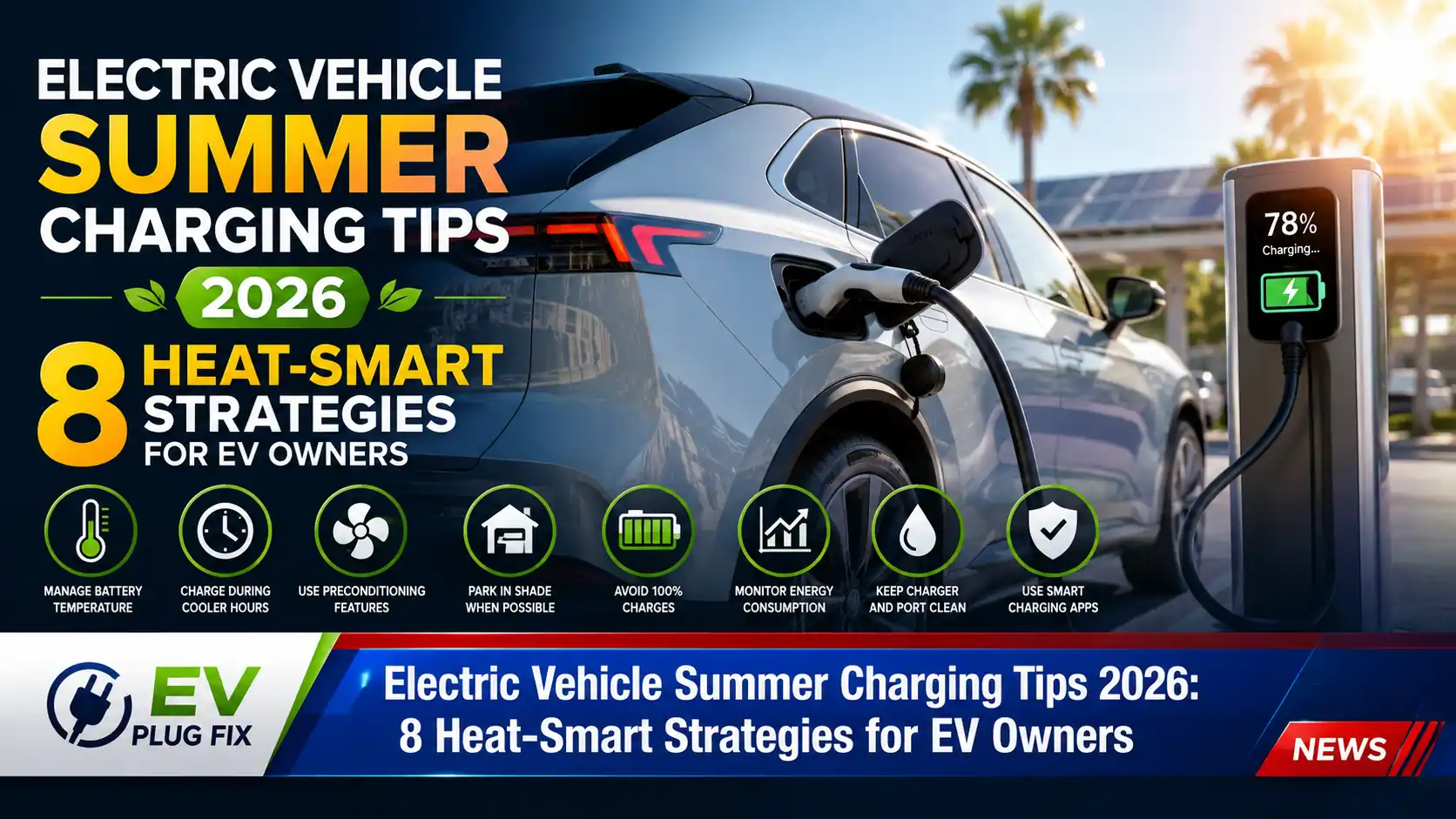 Electric vehicle charging under summer sun with temperature gauge showing optimal battery temperature range for efficient summer charging 2026