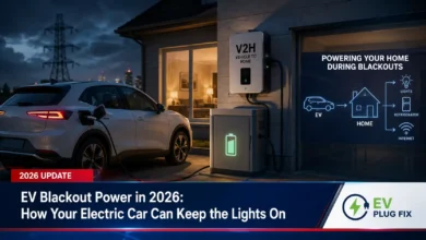 Electric vehicle plugged into a home bidirectional charger providing backup power during a blackout in 2026
