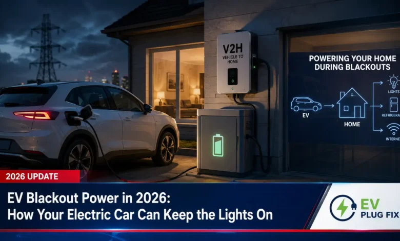 Electric vehicle plugged into a home bidirectional charger providing backup power during a blackout in 2026