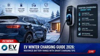 Electric vehicle plugged into go-e Charger Gemini flex wallbox in snowy winter driveway for efficient EV winter charging 2026