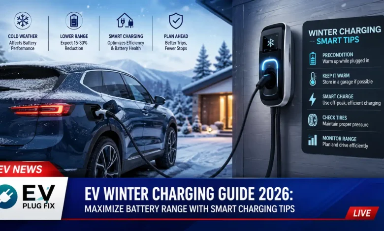 Electric vehicle plugged into go-e Charger Gemini flex wallbox in snowy winter driveway for efficient EV winter charging 2026