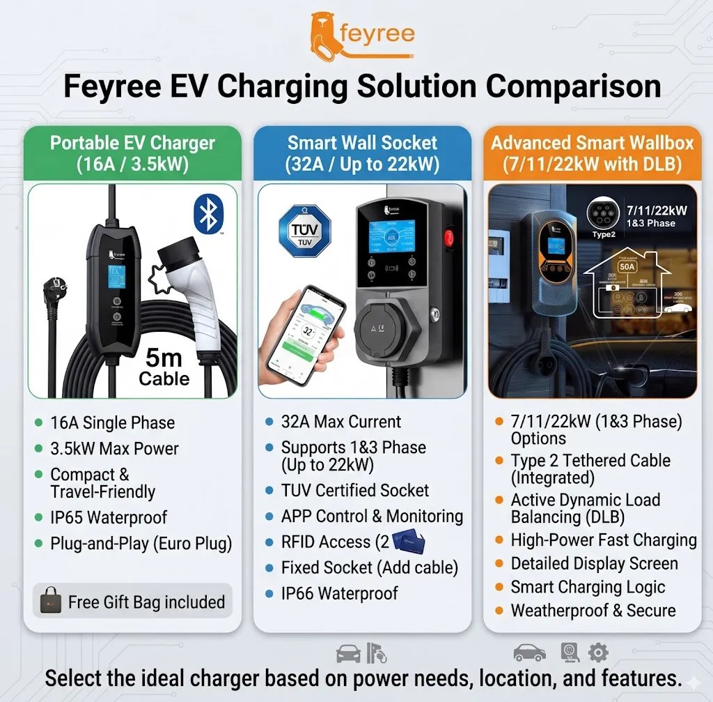 Feyree Flying Cat portable EV charger plugged into a standard wall outlet with smartphone app monitoring display