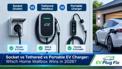 Feyree Draco EV-PRO universal socket wallbox charging a Tesla and a Volkswagen in a modern garage with dual outlets