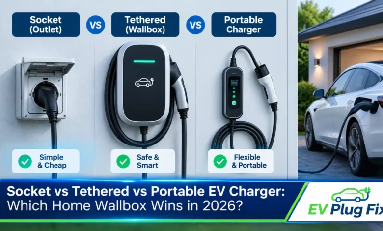 Feyree Draco EV-PRO universal socket wallbox charging a Tesla and a Volkswagen in a modern garage with dual outlets