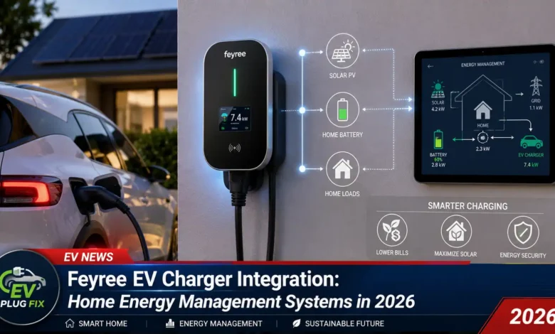 Feyree smart EV charger integrated with home energy management system in modern garage