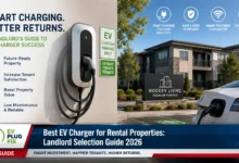 Modern Feyree EV charger installed on brick wall of rental property driveway with electric vehicle connected