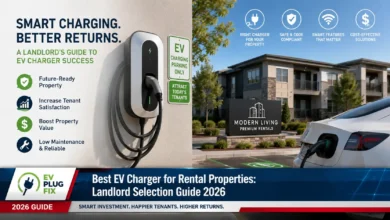 Modern Feyree EV charger installed on brick wall of rental property driveway with electric vehicle connected